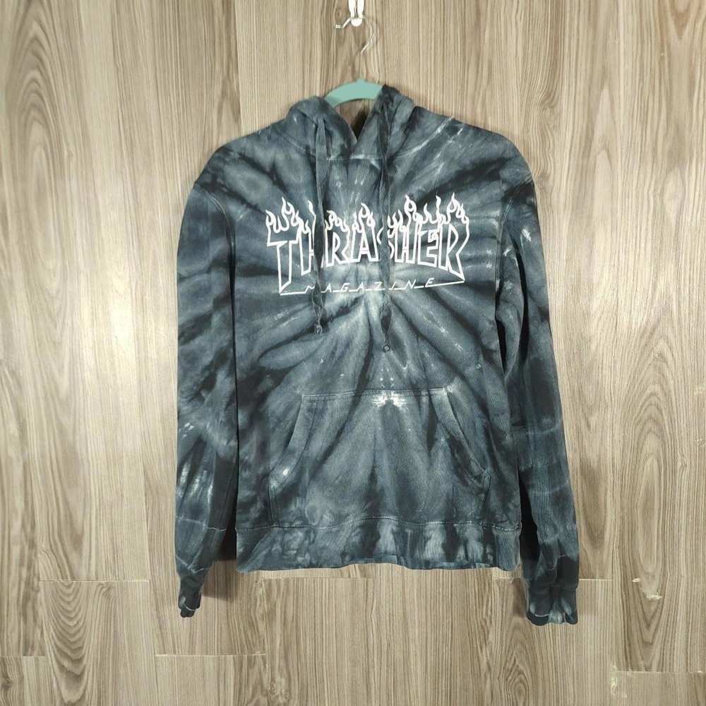 Thrasher Magazine Flame Logo‎ Tie Dye Hoodie Mens Small Black Charcoal Skate Sw